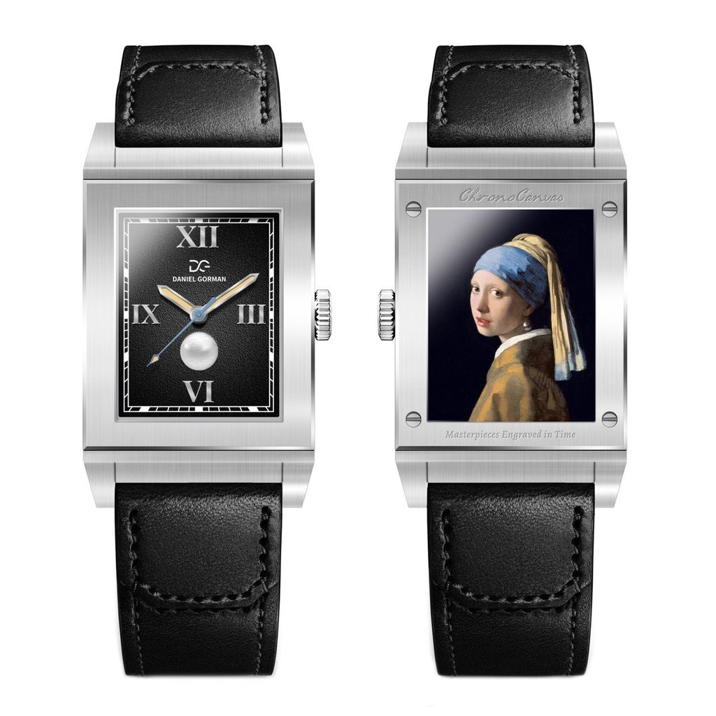 Daniel Gorman | ChronoCanvas DG9200.SK | 雋刻在時光中的名作 維梅爾 戴珍珠耳環的少女 滑蓋翻面錶盤 指針式石英錶 黑色皮革錶帶 滑蓋正面