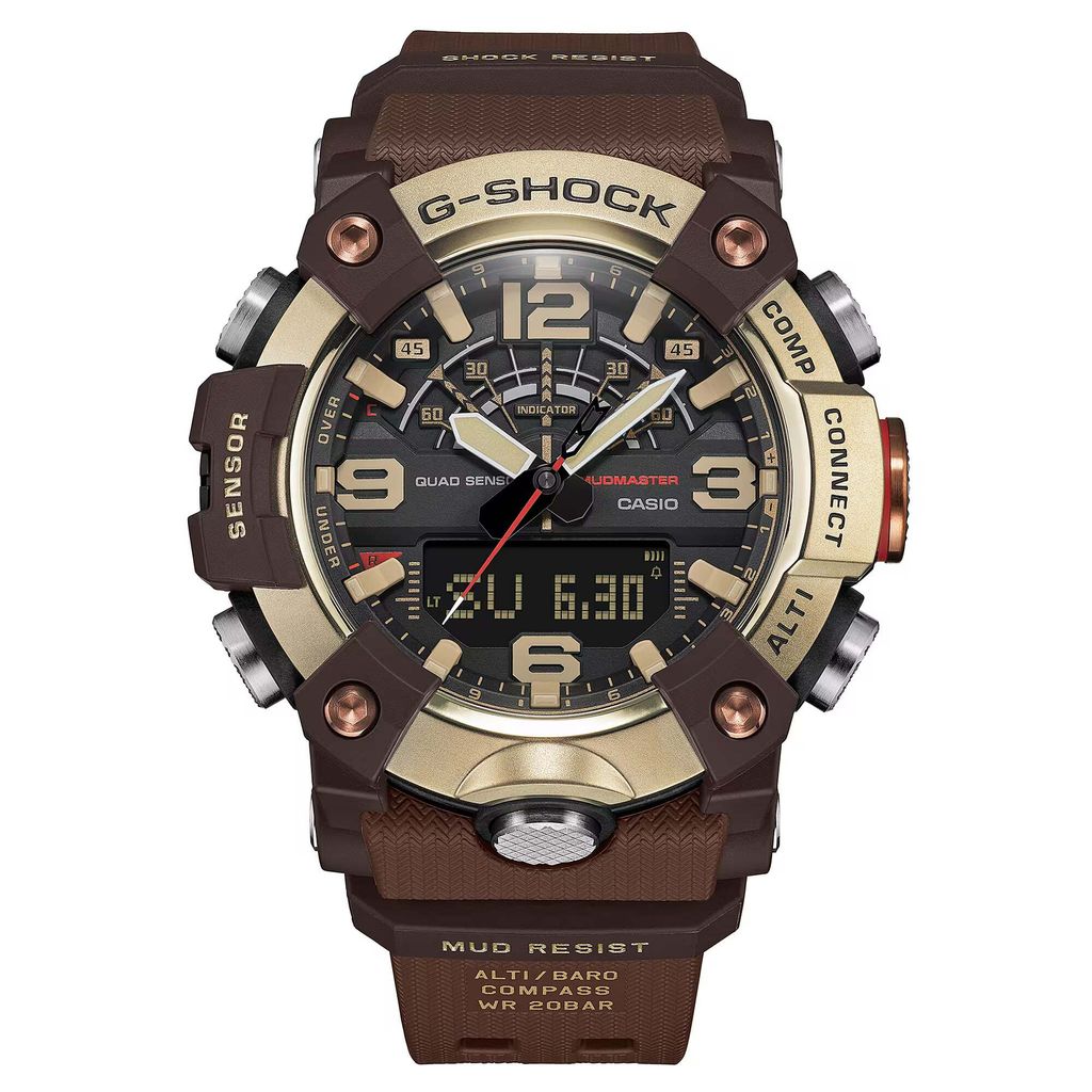 CASIO 卡西歐 | G-SHOCK GG-B100XMH-5A | 2026年8月新款 金色地平線 LAND系列 MUDMASTER 棕色雙顯金色鍍離子錶盤 男錶 正面