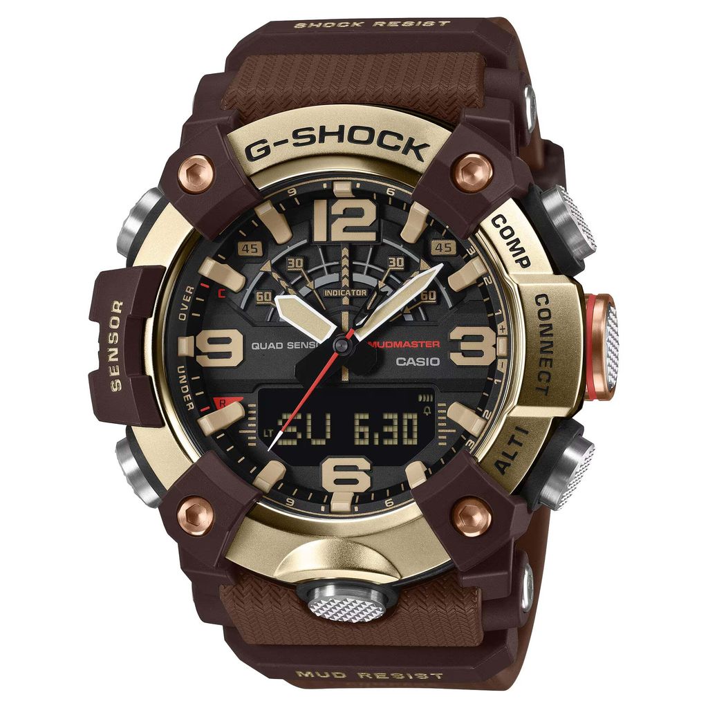 CASIO 卡西歐 | G-SHOCK GG-B100XMH-5A | 2026年8月新款 金色地平線 LAND系列 MUDMASTER 棕色雙顯金色鍍離子錶盤 男錶 正側面