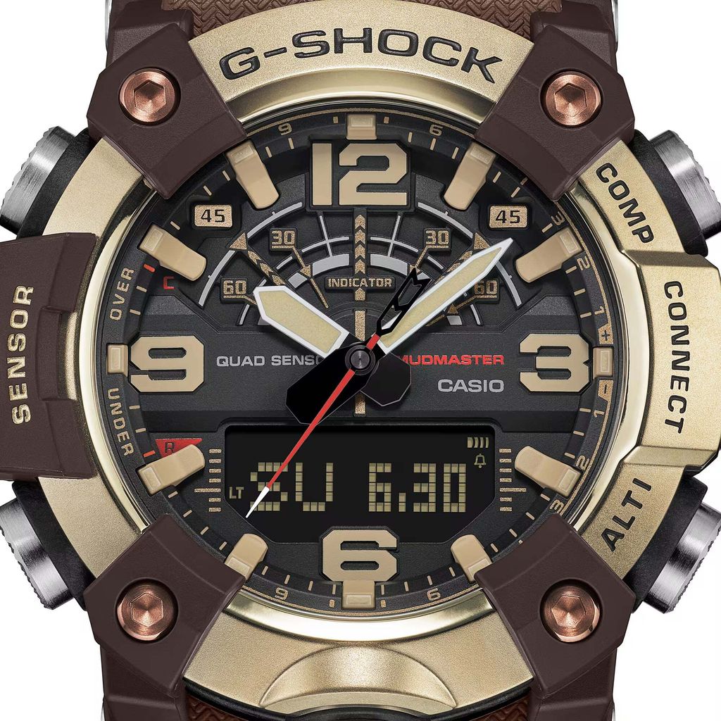 CASIO 卡西歐 | G-SHOCK GG-B100XMH-5A | 2026年8月新款 金色地平線 LAND系列 MUDMASTER 棕色雙顯金色鍍離子錶盤 男錶 錶面細節