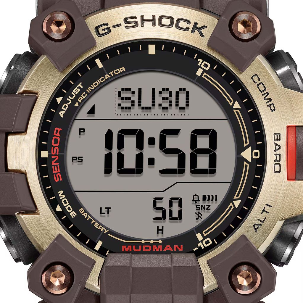 CASIO 卡西歐 | G-SHOCK GW-9500MH-5 | 2026年8月新款 金色地平線 LAND系列 MUDMAN 棕色數位 金色鍍離子錶盤 男錶 電子錶 數位錶面細節