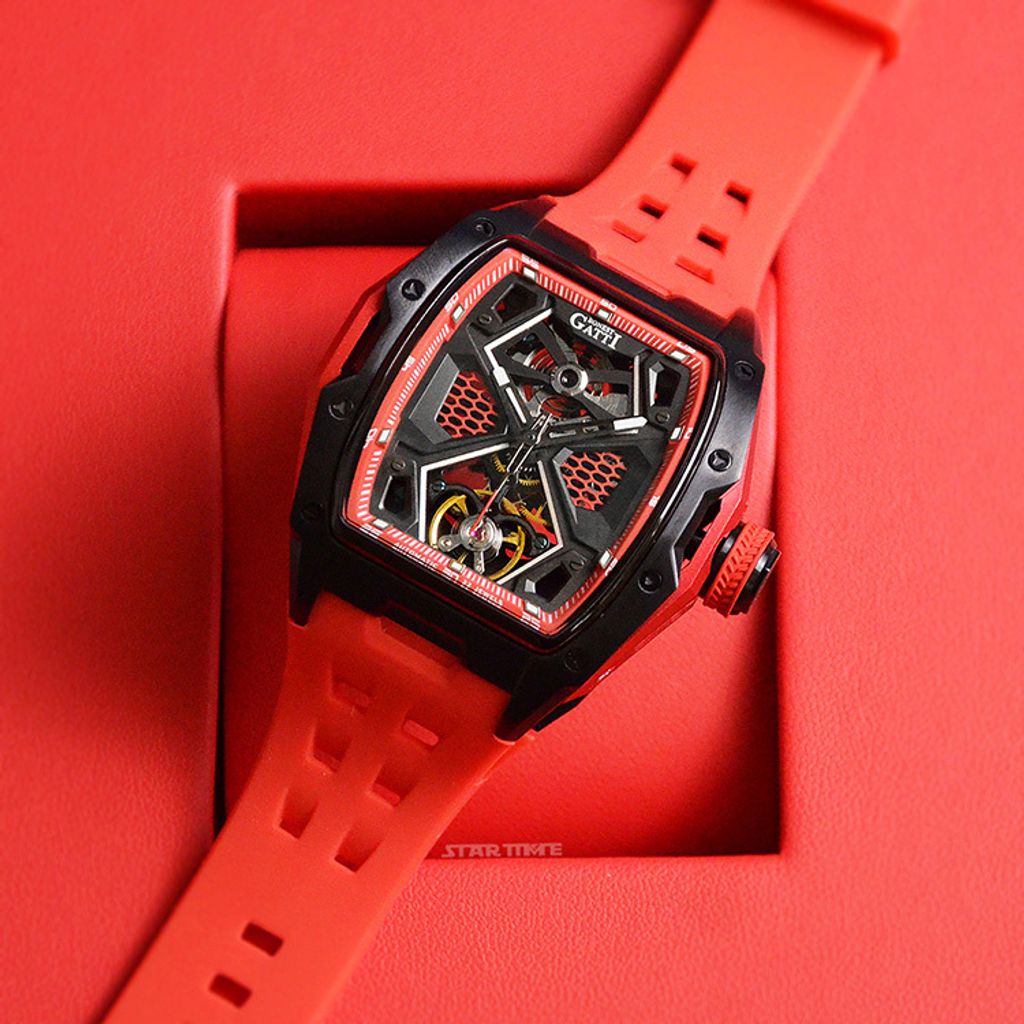 BONEST GATTI 布加迪 | 馳風競速系列 BG5501-A3 | 紅x黑框 鏤空酒桶造型 紅色氟橡膠錶帶 機械腕錶 平攤展示