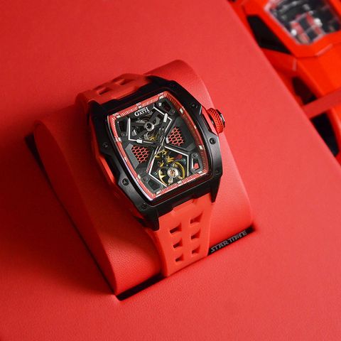BONEST GATTI 布加迪 | 馳風競速系列 BG5501-A3 | 紅x黑框 鏤空酒桶造型 紅色氟橡膠錶帶 機械腕錶 實體盒裝