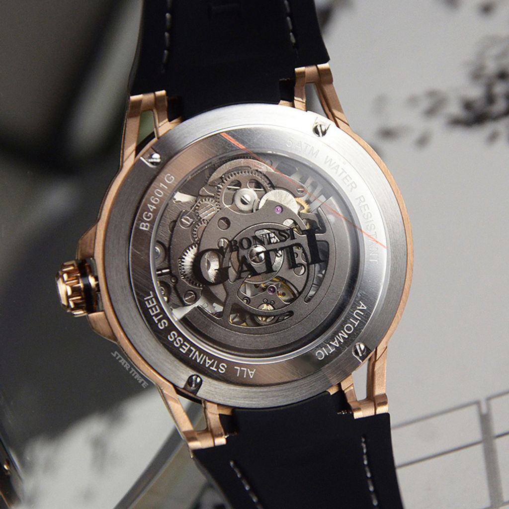 BONEST GATTI 布加迪 | 宇宙系列 BG4601-B2 | 玫瑰金款 簍空面盤 皮革+橡膠錶帶 機械手錶 背面細節