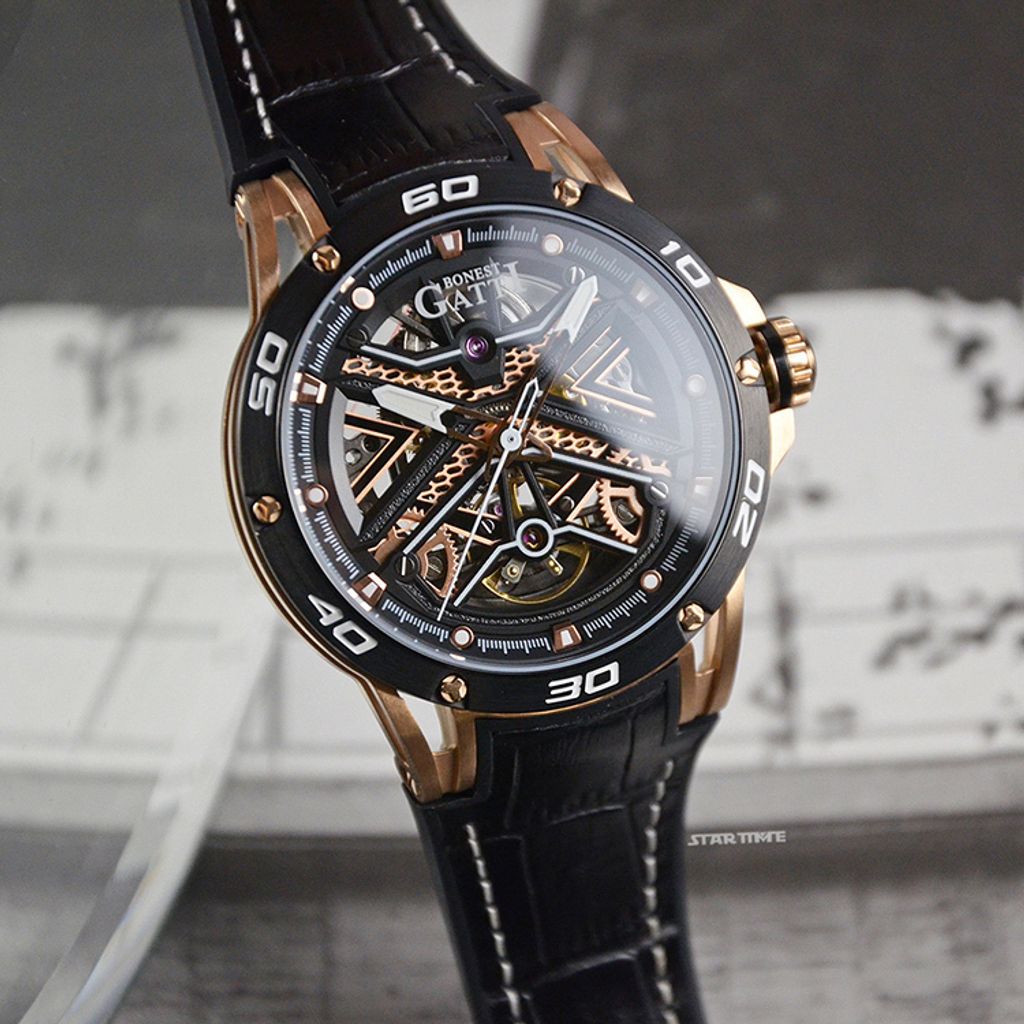 BONEST GATTI 布加迪 | 宇宙系列 BG4601-B2 | 玫瑰金款 簍空面盤 皮革+橡膠錶帶 機械手錶 錶面細節