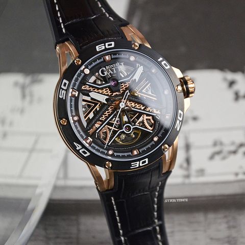 BONEST GATTI 布加迪 | 宇宙系列 BG4601-B2 | 玫瑰金款 簍空面盤 皮革+橡膠錶帶 機械手錶 錶面細節