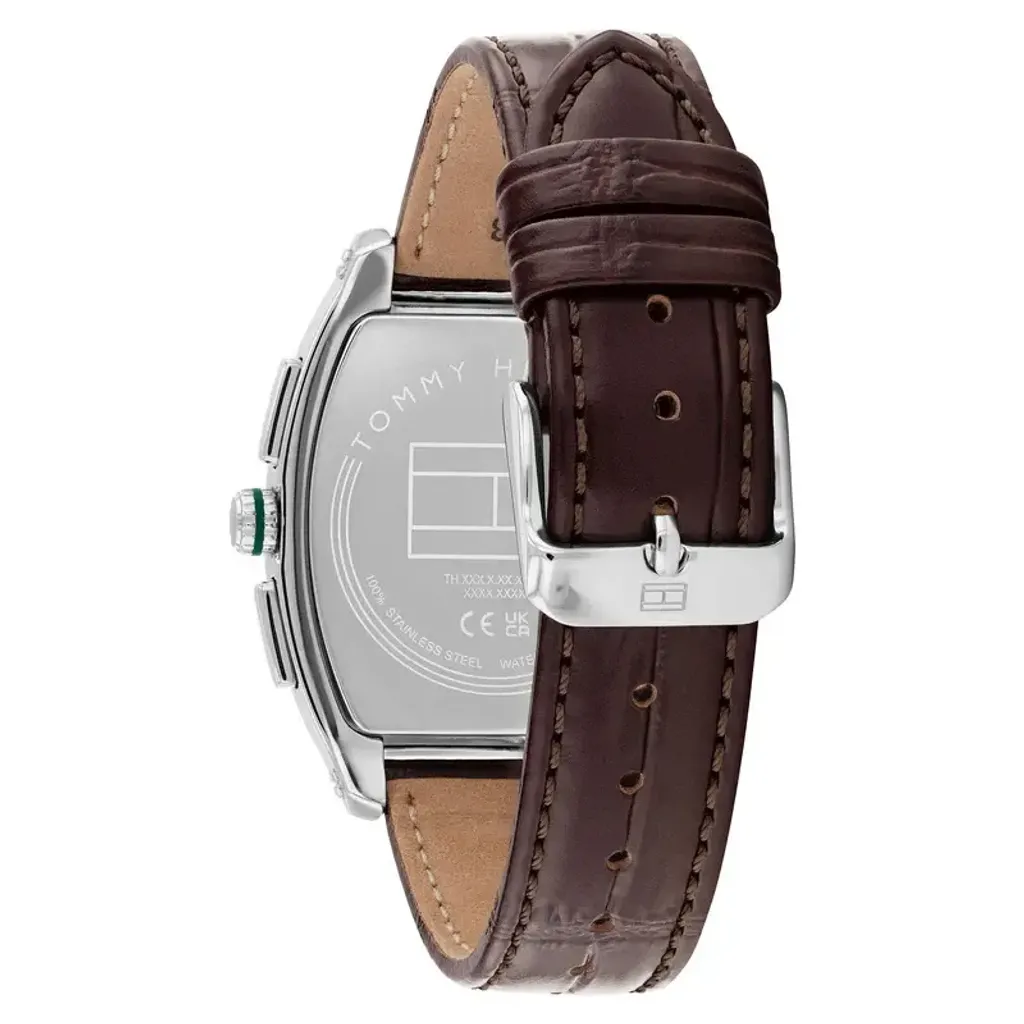 Tommy Hilfiger | TH-Oxford 1710762 | 綠色典雅菱格錶面 金銀雙色錶框 酒桶型三眼 咖啡色皮革錶帶 男士腕錶 背面
