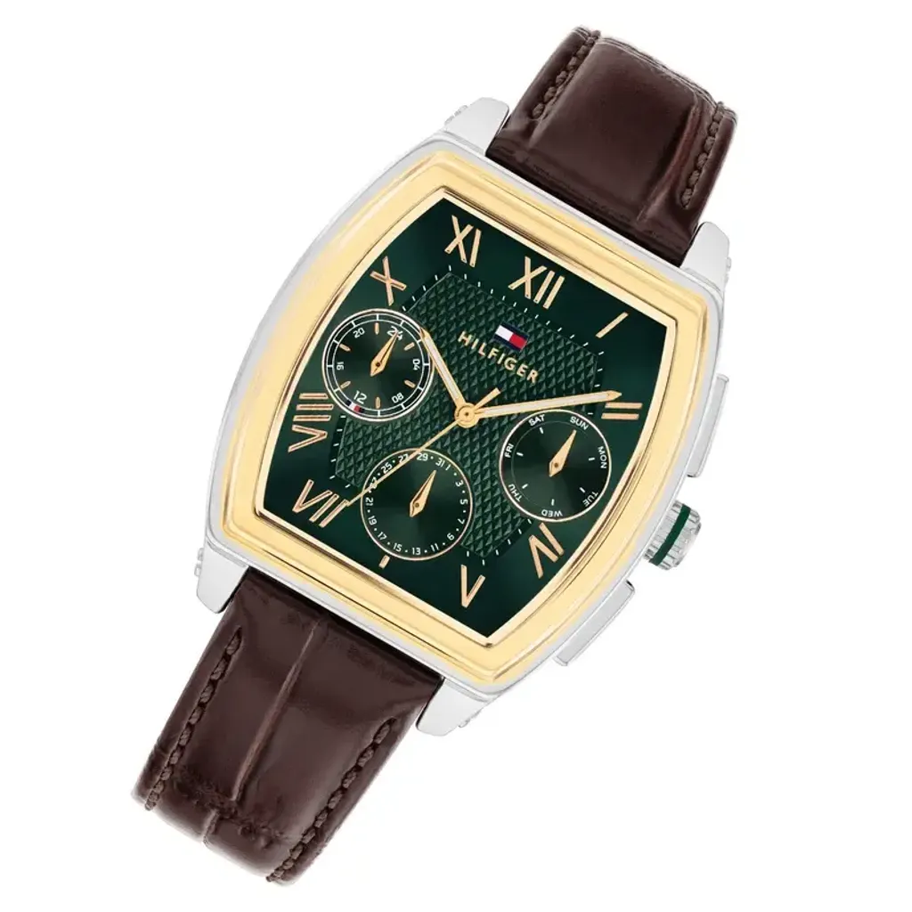Tommy Hilfiger | TH-Oxford 1710762 | 綠色典雅菱格錶面 金銀雙色錶框 酒桶型三眼 咖啡色皮革錶帶 男士腕錶 錶面細節