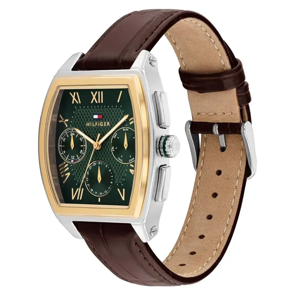 Tommy Hilfiger | TH-Oxford 1710762 | 綠色典雅菱格錶面 金銀雙色錶框 酒桶型三眼 咖啡色皮革錶帶 男士腕錶 側面