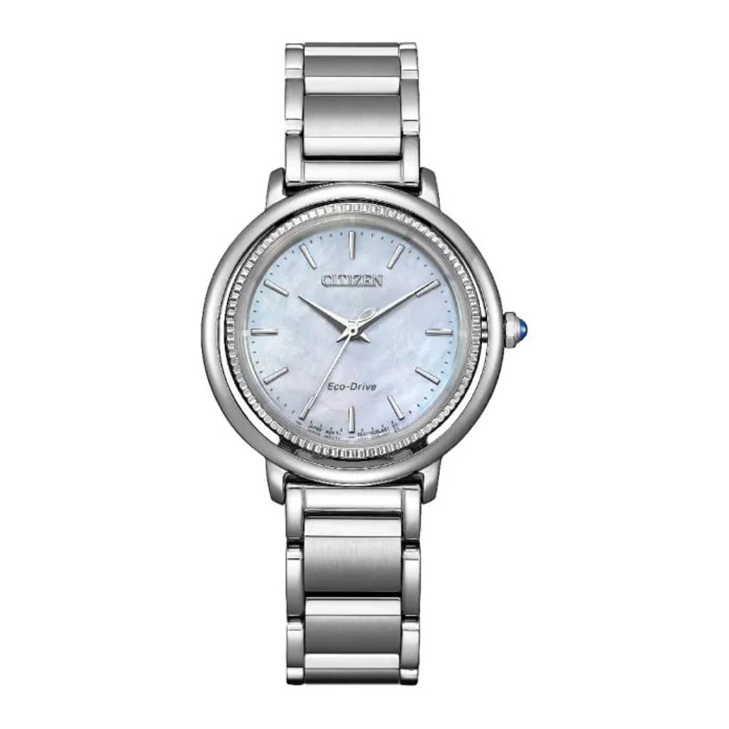 CITIZEN 星辰 | EM1100-84D | 白蝶貝面板 銀錶帶 光動能 廣告款 女錶 正面