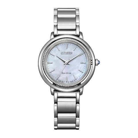 CITIZEN 星辰 | EM1100-84D | 白蝶貝面板 銀錶帶 光動能 廣告款 女錶 正面