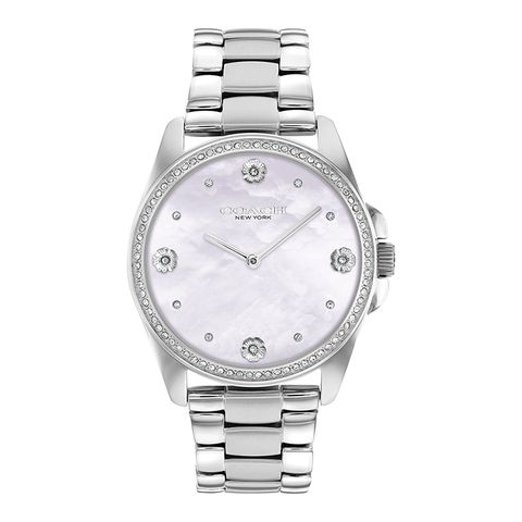COACH | Greyson 14504108 | 晶鑽 山茶花系列 銀框貝殼面 不鏽鋼錶帶腕錶 氣質女錶 正面