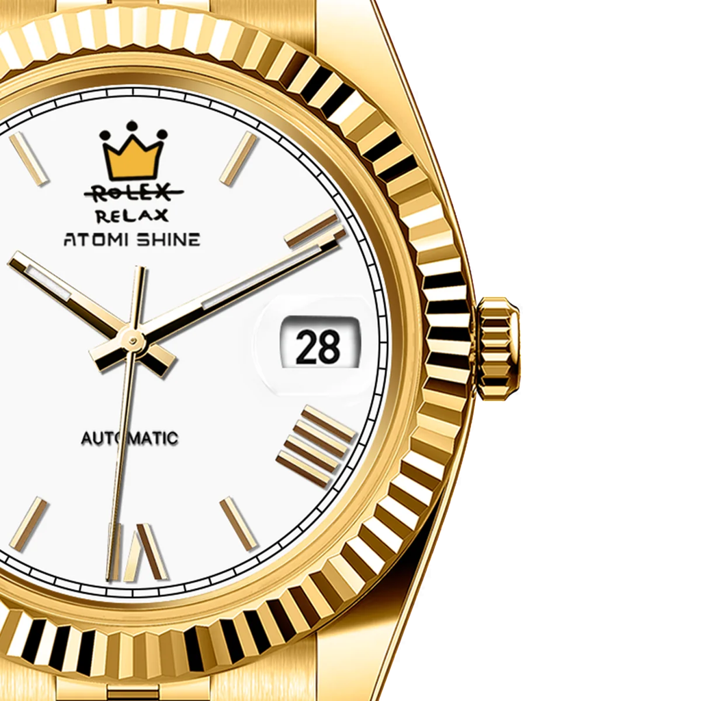 Atomishine｜EONDATE MAXI CLASSIC 系列 Regal Crown｜經典白色錶面 金色不鏽鋼 自動機械腕錶 日期顯示 錶面細節
