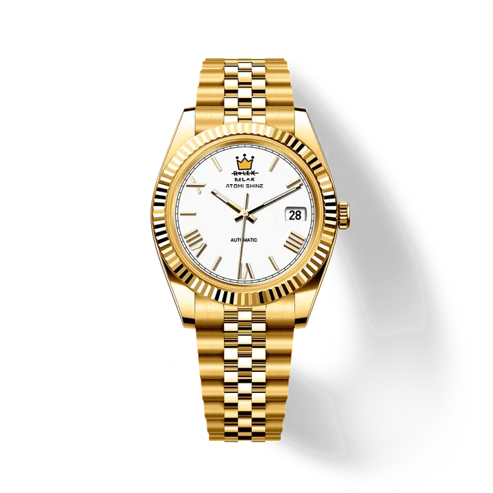 Atomishine｜EONDATE MAXI CLASSIC 系列 Regal Crown｜經典白色錶面 金色不鏽鋼 自動機械腕錶 日期顯示 正面