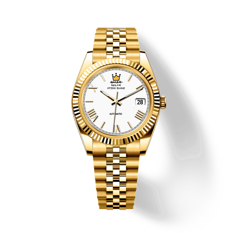Atomishine｜EONDATE MAXI CLASSIC 系列 Regal Crown｜經典白色錶面 金色不鏽鋼 自動機械腕錶 日期顯示 正面