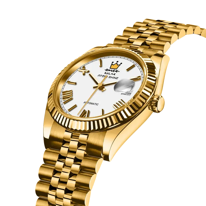 Atomishine｜EONDATE MAXI CLASSIC 系列 Regal Crown｜經典白色錶面 金色不鏽鋼 自動機械腕錶 日期顯示 錶面細節