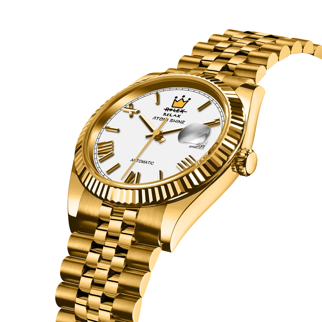 Atomishine｜EONDATE MAXI CLASSIC 系列 Regal Crown｜經典白色錶面 金色不鏽鋼 自動機械腕錶 日期顯示 錶面細節