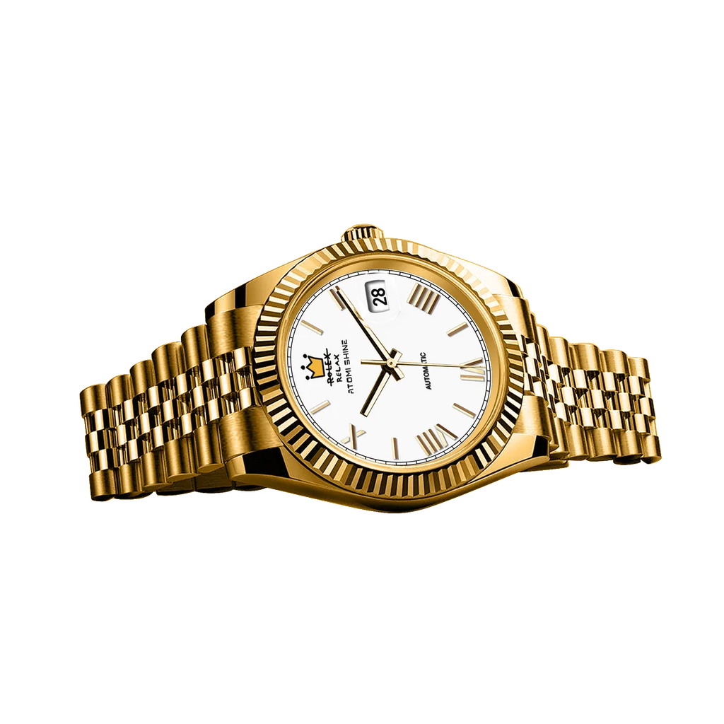 Atomishine｜EONDATE MAXI CLASSIC 系列 Regal Crown｜經典白色錶面 金色不鏽鋼 自動機械腕錶 日期顯示 錶帶細節