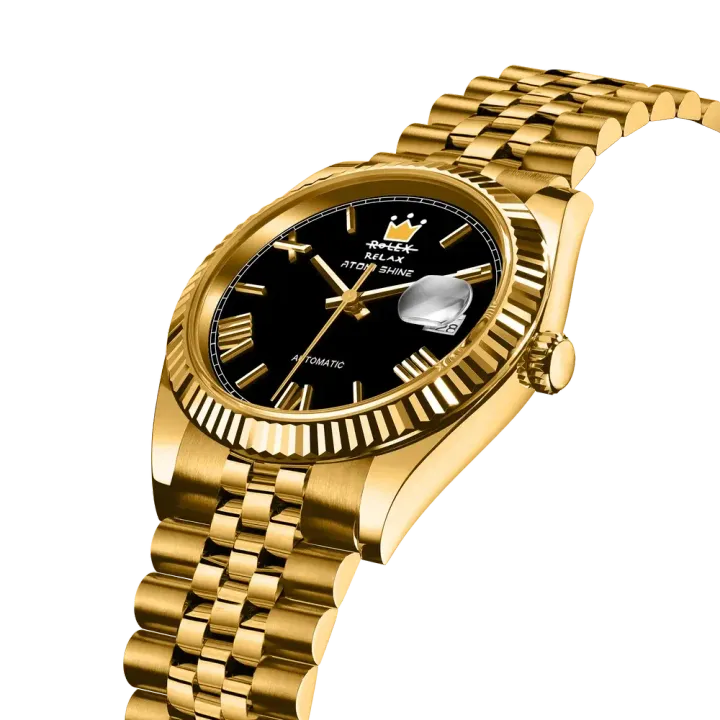Atomishine｜EONDATE MAXI CLASSIC 系列 Midnight Crown｜沉穩黑色錶面 金色不鏽鋼 自動機械腕錶 日期顯示 錶面細節