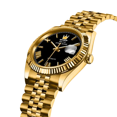 Atomishine｜EONDATE MAXI CLASSIC 系列 Midnight Crown｜沉穩黑色錶面 金色不鏽鋼 自動機械腕錶 日期顯示 錶面細節