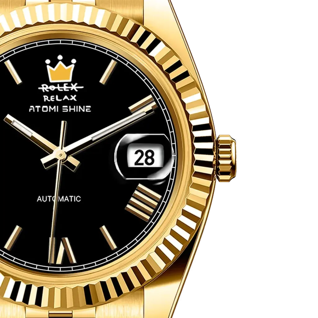 Atomishine｜EONDATE MAXI CLASSIC 系列 Midnight Crown｜沉穩黑色錶面 金色不鏽鋼 自動機械腕錶 日期顯示 錶面細節