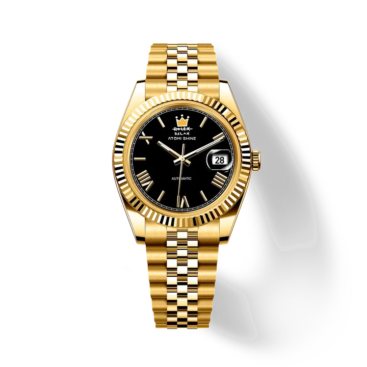 Atomishine｜EONDATE MAXI CLASSIC 系列 Midnight Crown｜沉穩黑色錶面 金色不鏽鋼 自動機械腕錶 日期顯示 正面