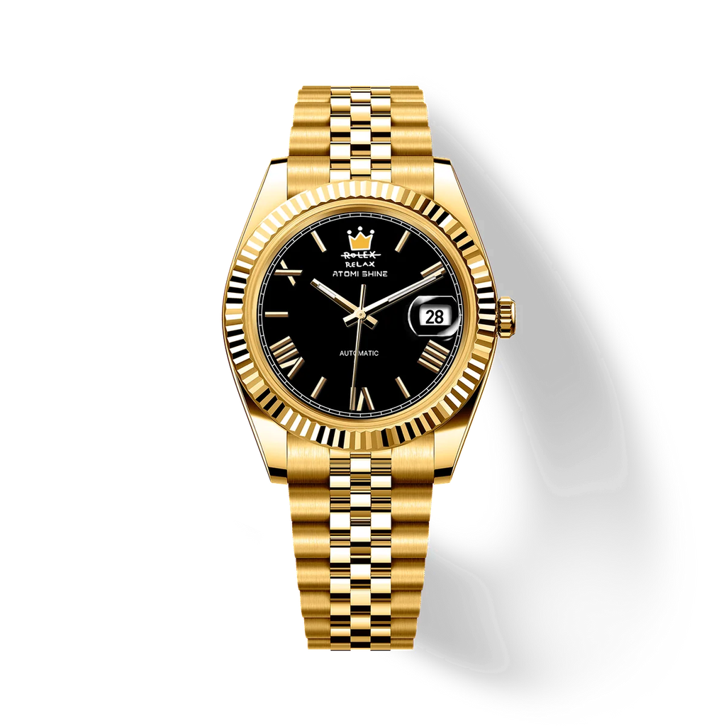 Atomishine｜EONDATE MAXI CLASSIC 系列 Midnight Crown｜沉穩黑色錶面 金色不鏽鋼 自動機械腕錶 日期顯示 正面