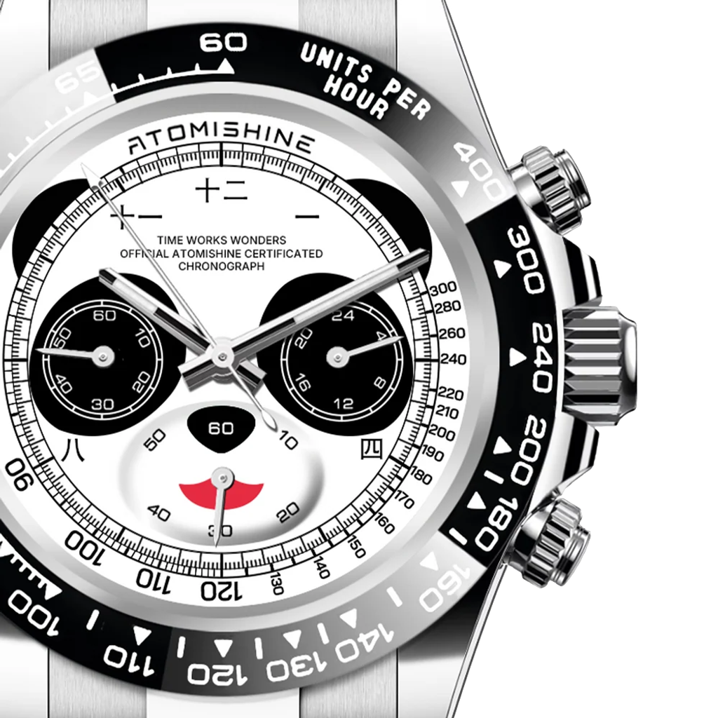 【預購】Atomishine｜VELOCIREX CLASSIC 系列 Panda Smile｜三眼熊貓 白色錶面 銀色不鏽鋼 石英腕錶 錶面細節