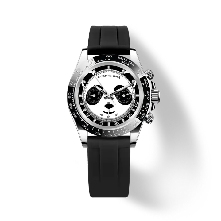 【預購】ATOMISHINE｜VELOCIREX FLUORO 系列 Panda Velocity｜三眼熊貓 白色錶面 黑色氟橡膠錶帶 石英腕錶 正面