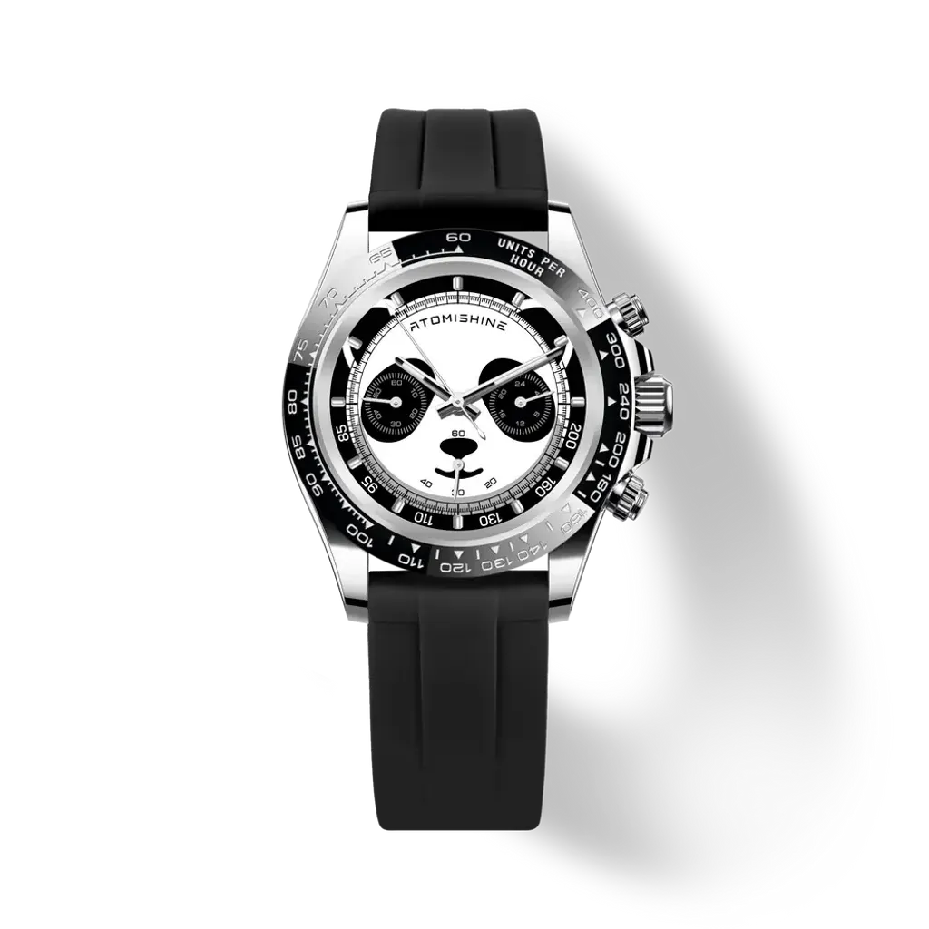 【預購】ATOMISHINE｜VELOCIREX FLUORO 系列 Panda Velocity｜三眼熊貓 白色錶面 黑色氟橡膠錶帶 石英腕錶 正面