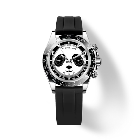【預購】ATOMISHINE｜VELOCIREX FLUORO 系列 Panda Velocity｜三眼熊貓 白色錶面 黑色氟橡膠錶帶 石英腕錶 正面