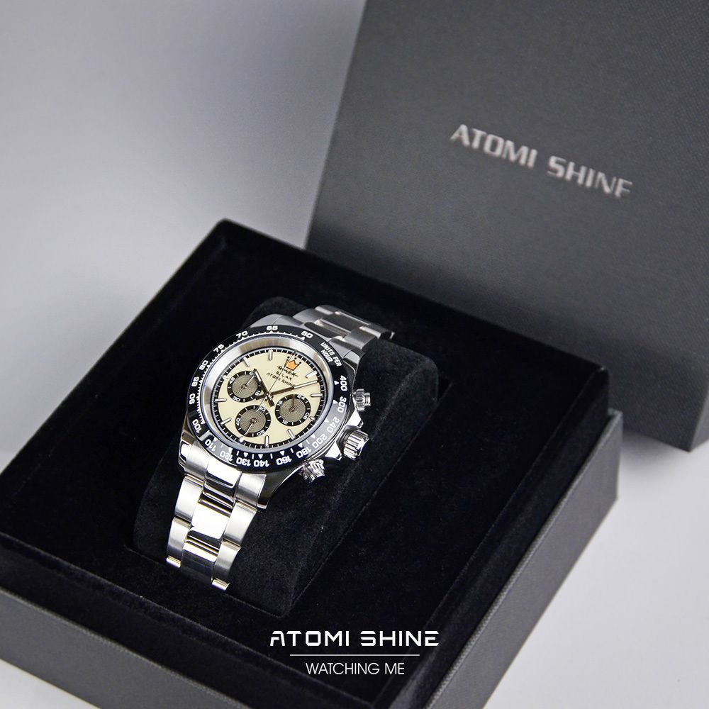 ATOMISHINE｜VELOCIREXCLASSIC 系列 Steel Rebel｜黑色錶圈 米色錶面 三眼經典銀色不鏽鋼腕錶 實體盒裝
