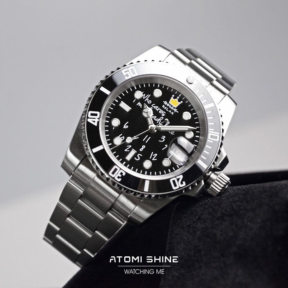 ATOMISHINE｜HYDROCORECLASSIC 系列 Lazy Midnight｜手繪風格 黑色錶面 銀色不鏽鋼錶帶 自動機械潛水風格腕錶 日期顯示 實體錶面細節
