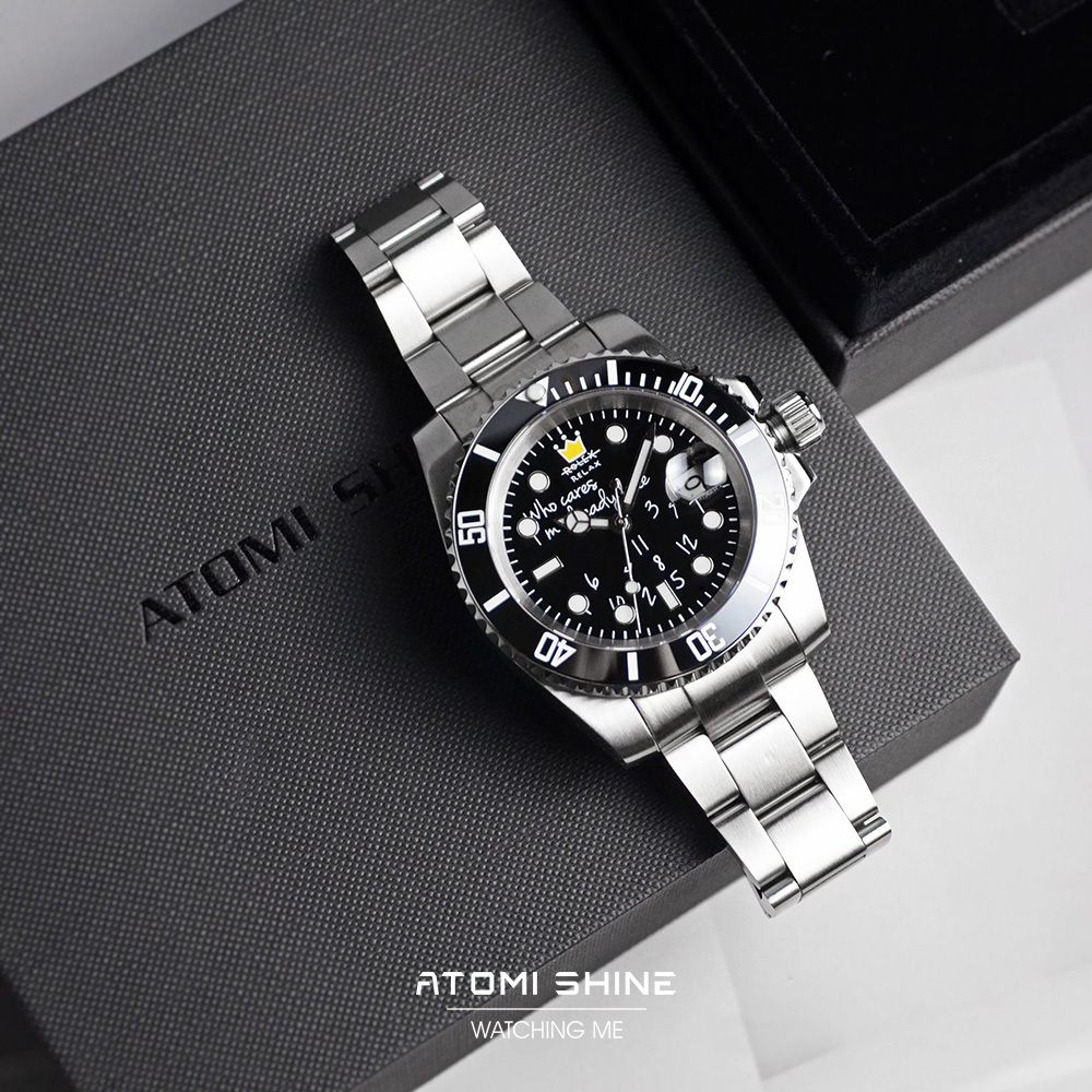ATOMISHINE｜HYDROCORECLASSIC 系列 Lazy Midnight｜手繪風格 黑色錶面 銀色不鏽鋼錶帶 自動機械潛水風格腕錶 日期顯示 實體展示