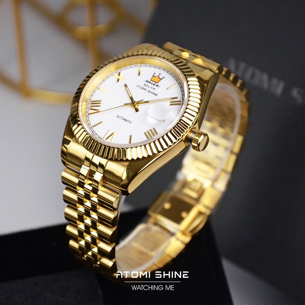 ATOMISHINE｜EONDATE MAXI CLASSIC 系列 Regal Crown｜經典白色錶面 金色不鏽鋼 自動機械腕錶 日期顯示 正右側