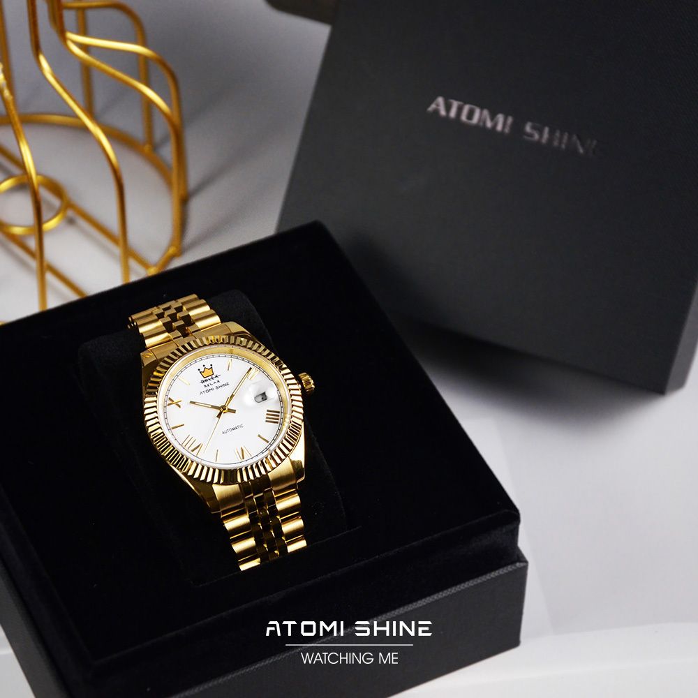 ATOMISHINE｜EONDATE MAXI CLASSIC 系列 Regal Crown｜經典白色錶面 金色不鏽鋼 自動機械腕錶 日期顯示 實體盒裝