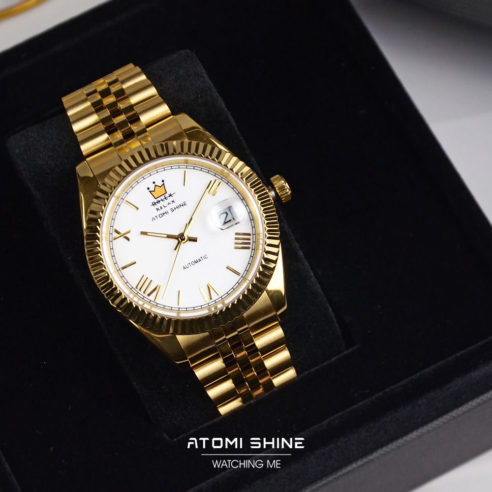 ATOMISHINE｜EONDATE MAXI CLASSIC 系列 Regal Crown｜經典白色錶面 金色不鏽鋼 自動機械腕錶 日期顯示 盒裝正面