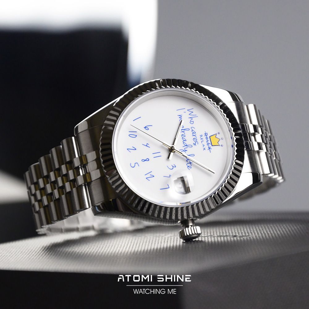 ATOMISHINE｜EONDATE MAXI CLASSIC 系列 Silver Crown｜簡約白色錶面 銀色不鏽鋼 自動機械腕錶 日期顯示 錶面細節