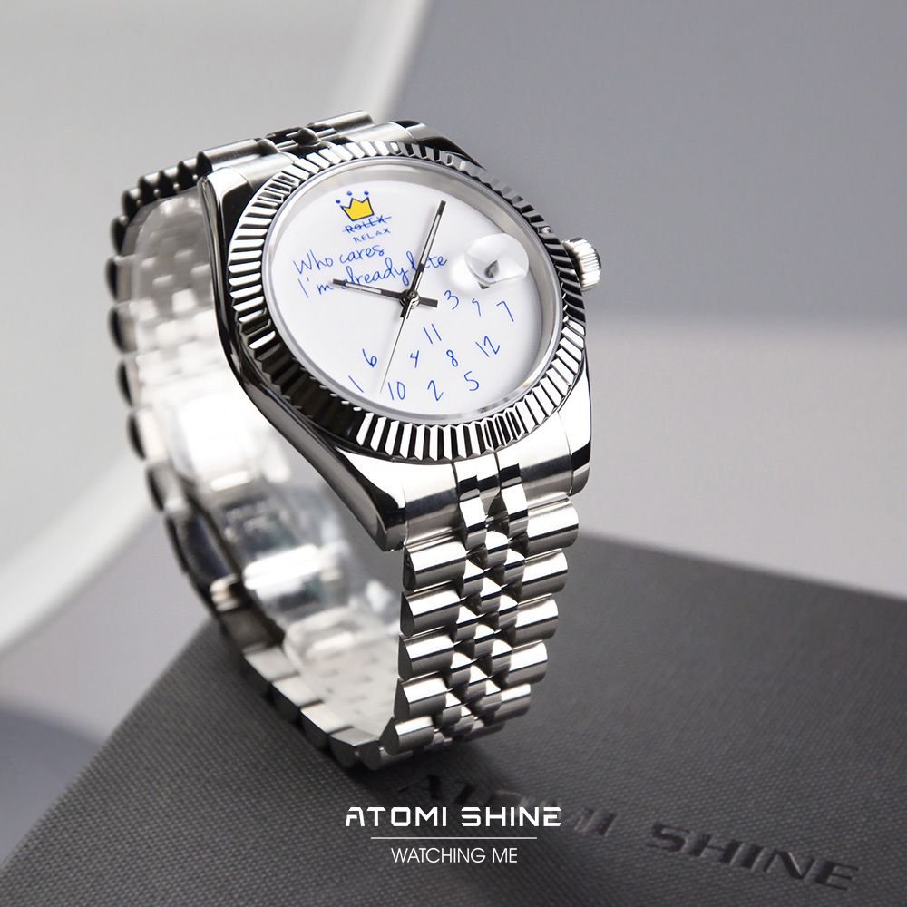 ATOMISHINE｜EONDATE MAXI CLASSIC 系列 Silver Crown｜簡約白色錶面 銀色不鏽鋼 自動機械腕錶 日期顯示 正左側