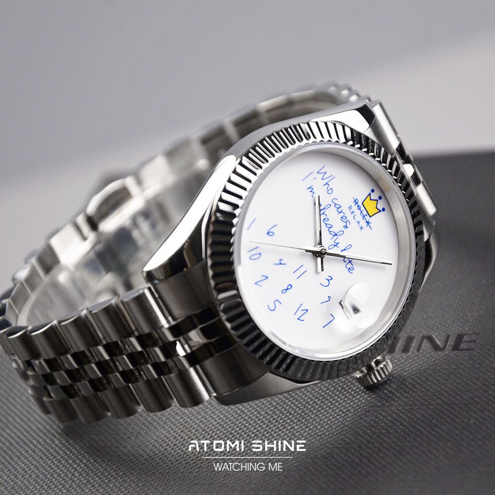 ATOMISHINE｜EONDATE MAXI CLASSIC 系列 Silver Crown｜簡約白色錶面 銀色不鏽鋼 自動機械腕錶 日期顯示 錶帶細節