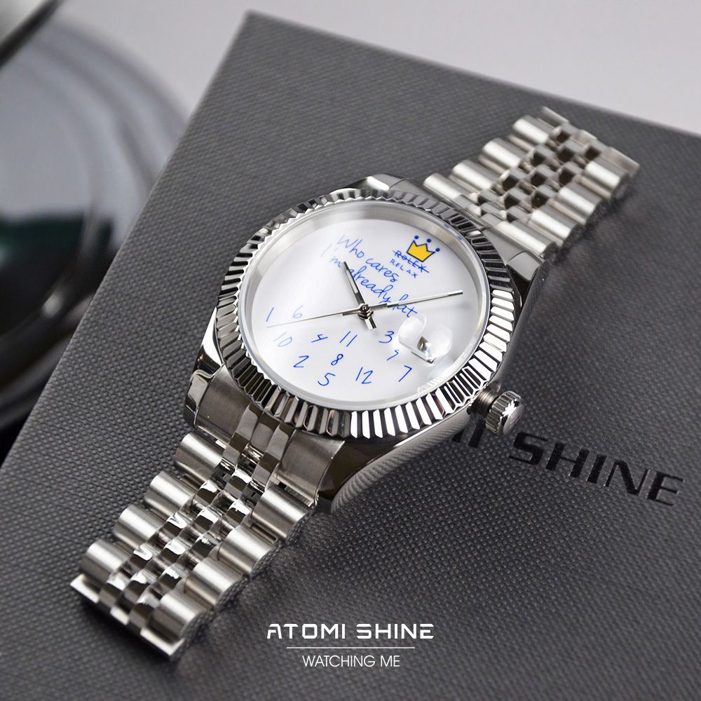ATOMISHINE｜EONDATE MAXI CLASSIC 系列 Silver Crown｜簡約白色錶面 銀色不鏽鋼 自動機械腕錶 日期顯示 正右側