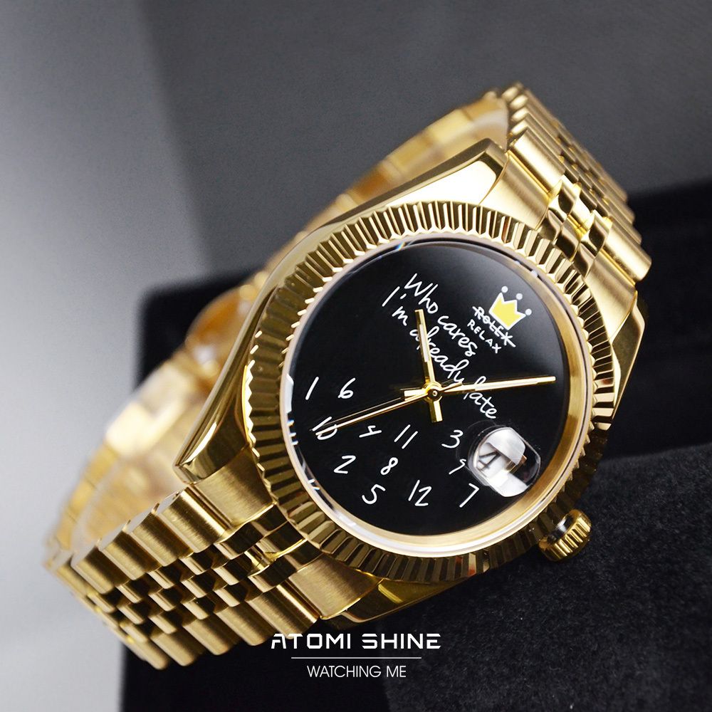 ATOMISHINE｜EONDATE MAXI CLASSIC 系列 Golden Jest｜手繪風格 黑色錶面 金色不鏽鋼 自動機械腕錶 日期顯示 實體展示