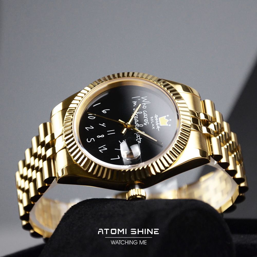 ATOMISHINE｜EONDATE MAXI CLASSIC 系列 Golden Jest｜手繪風格 黑色錶面 金色不鏽鋼 自動機械腕錶 日期顯示 錶面細節