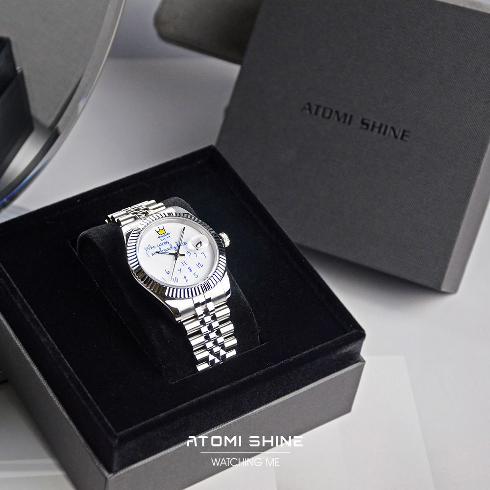 ATOMISHINE｜EONDATE MAXI CLASSIC 系列 Ironic Classic｜手繪風格 白色錶面 銀色不鏽鋼 自動機械腕錶 日期顯示 正面