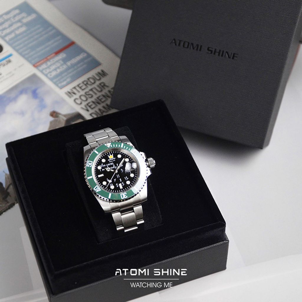 ATOMISHINE｜HYDROCORECLASSIC 系列 Lazy Grove｜手繪風格 綠色錶圈 黑色錶面 銀色不鏽鋼錶帶 自動機械潛水風格腕錶 日期顯示 實體盒裝
