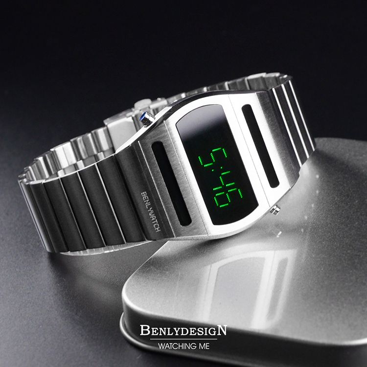 【全球限量】Benlydesign | G400.SG | 2026年9月新款 復古 綠字LED 造型 銀色電子錶 實體錶帶細節