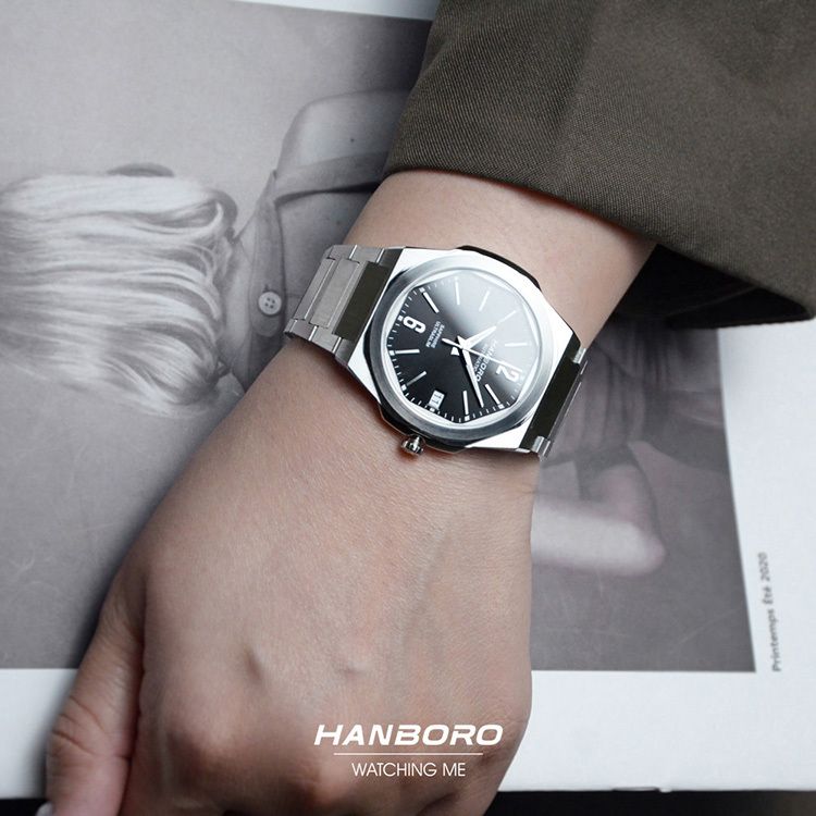 HANBORO | 超薄鋼王系列 018SBS | 2026年秋季新品 超薄 珍珠陀 炫酷黑 自動鏤空機械錶 手錶 實戴展示