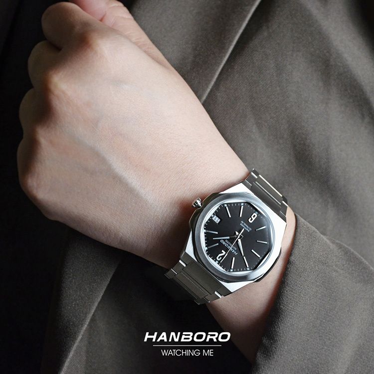 HANBORO | 超薄鋼王系列 018SBS | 2026年秋季新品 超薄 珍珠陀 炫酷黑 自動鏤空機械錶 手錶 實戴參考