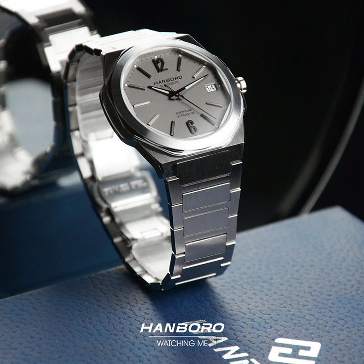 HANBORO | 超薄鋼王系列 018SGRAS | 2026年秋季新品 超薄 珍珠陀 隕石灰 自動鏤空機械錶 手錶 實體錶帶細節