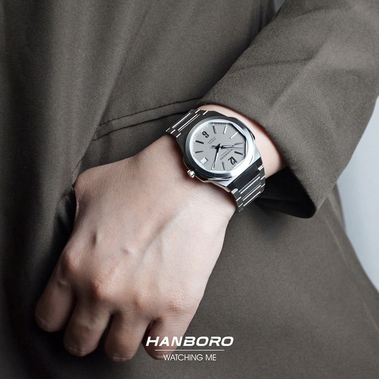 HANBORO | 超薄鋼王系列 018SGRAS | 2026年秋季新品 超薄 珍珠陀 隕石灰 自動鏤空機械錶 手錶 實戴展示